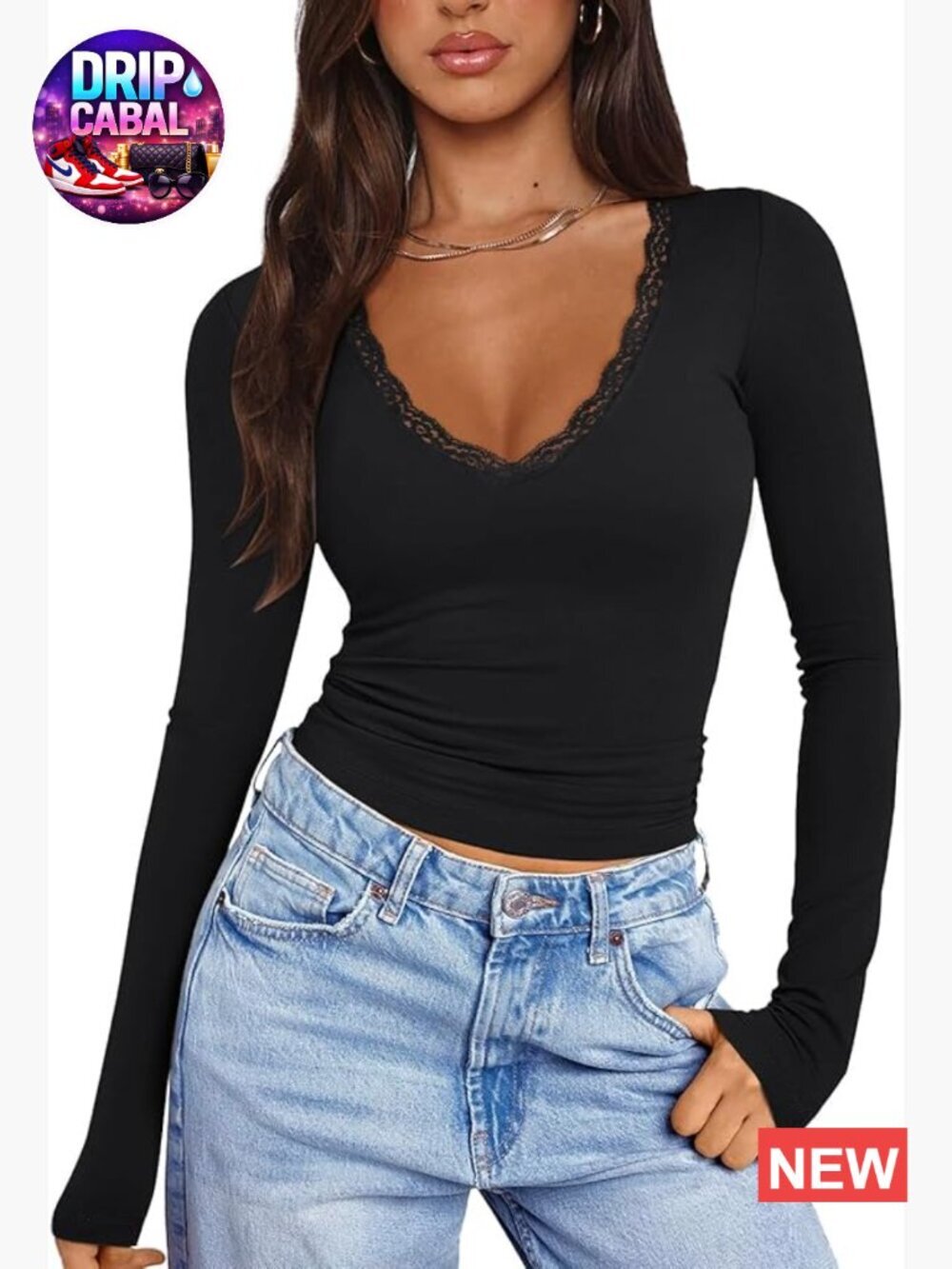 V Neck Lace Long Sleeve Fitted Top Going Out Y2K Trendy
